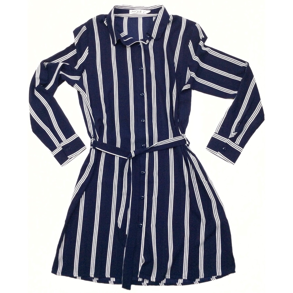 Long Sleeve Stripe Belted Button Down Tunic Dress